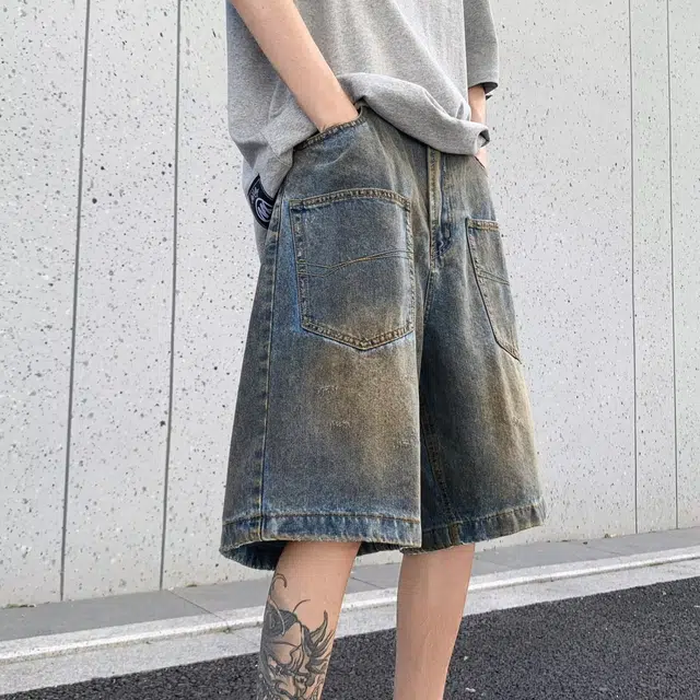 木木兔 美式高街复古潮牌休闲时尚百搭设计感小众宽松五分裤牛仔短裤 男款