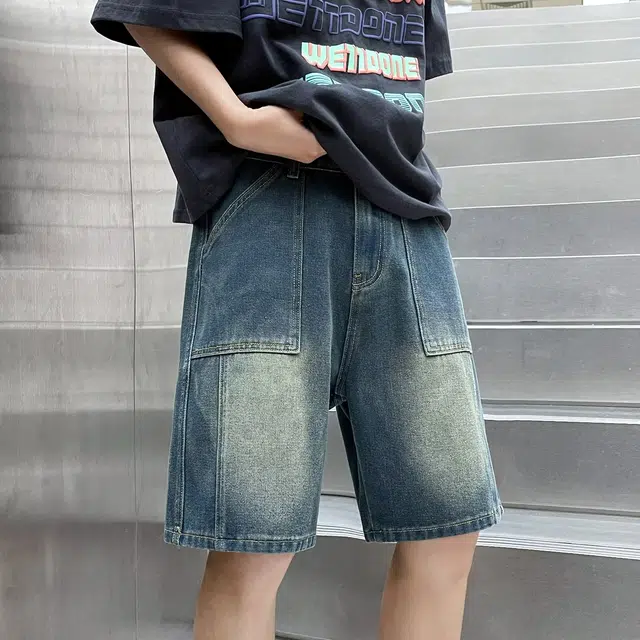 木木兔 美式复古水洗做旧高街潮牌设计感休闲小众时尚百搭宽松五分裤牛仔短裤 男款