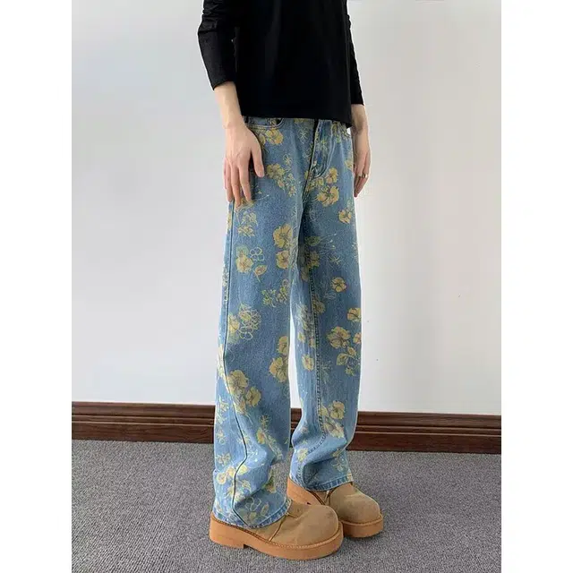 木木兔 重工印花图案高街高级感显瘦显高宽松阔腿裤高腰垂感拖地裤休闲运动牛仔裤 男款