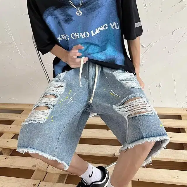 木木兔 美式高街破洞水洗做旧潮牌小众透气休闲时尚百搭宽松直筒五分裤牛仔短裤 男款