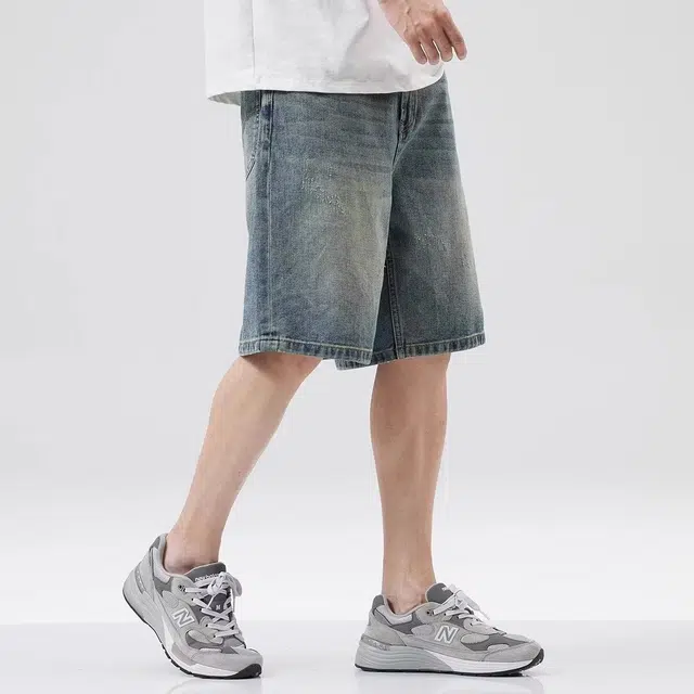 木木兔 美式水洗做旧休闲潮牌百搭时尚小众设计感直筒五分裤牛仔短裤 男款