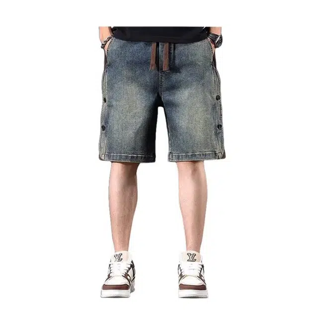 木木兔 美式水洗做旧潮牌休闲时尚小众设计感百搭宽松直筒五分裤牛仔短裤 男款