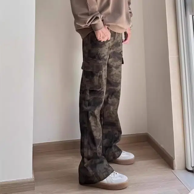 木木兔 高街美式学生做旧迷彩直筒裤潮牌街头百搭微喇长裤高级感显瘦显高牛仔裤 男款