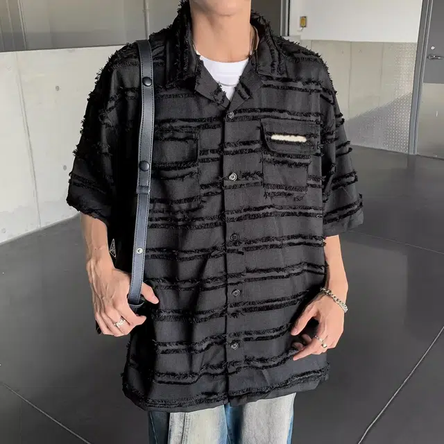 木木兔 复古美式高级感流苏痞帅宽松透气时尚简约轻便时尚潮流翻领短袖衬衫 男款