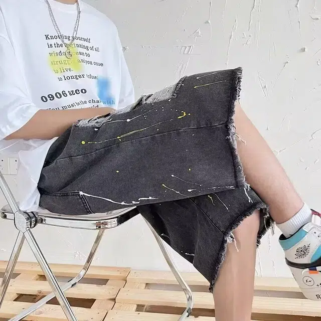 木木兔 美式高街破洞水洗做旧潮牌小众透气休闲时尚百搭宽松直筒五分裤牛仔短裤 男款