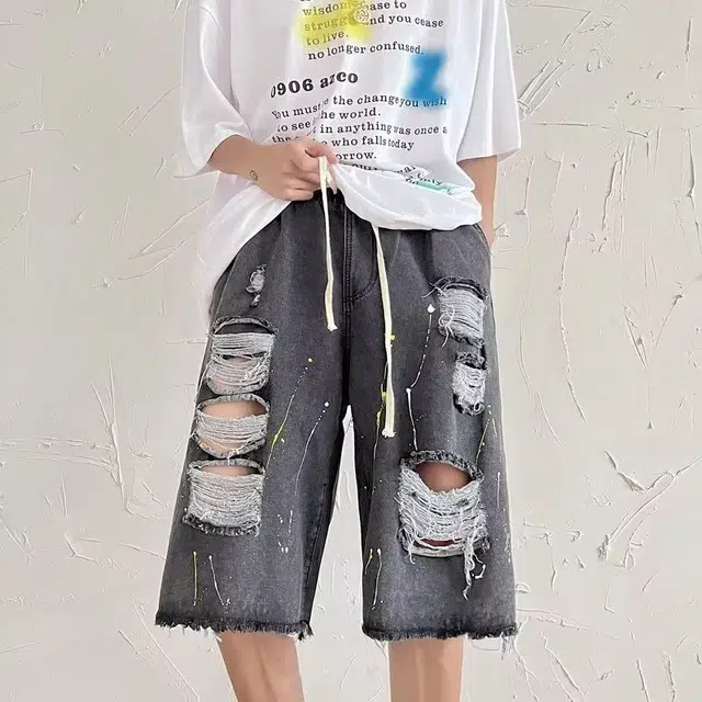 木木兔 美式高街破洞水洗做旧潮牌小众透气休闲时尚百搭宽松直筒五分裤牛仔短裤 男款