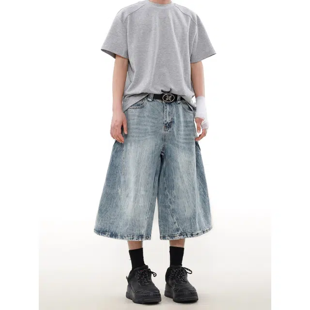 木木兔 美式复古水洗磨破潮流休闲宽松百搭七分牛仔短裤 男款