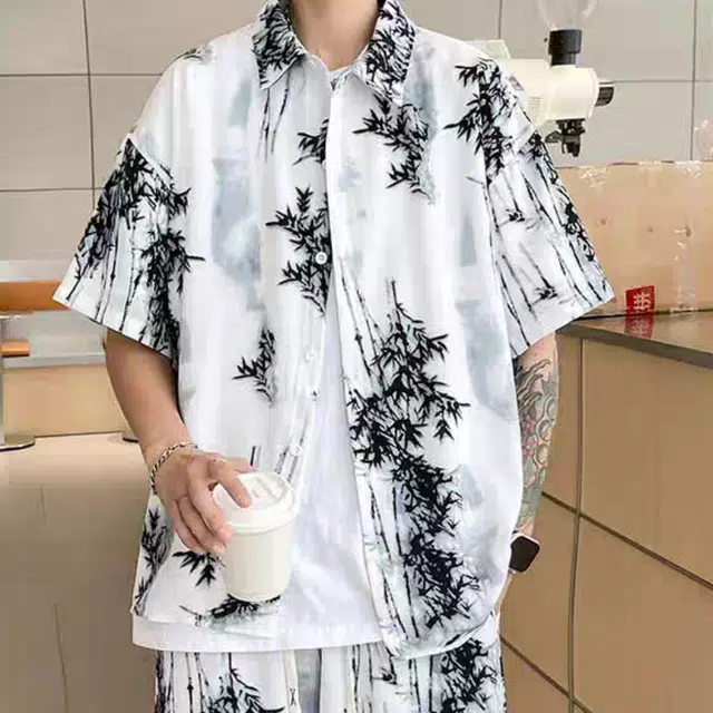 木木兔 百搭慵懒气质文艺新中式国潮笔墨画休闲透气时尚简约轻便轻便简约短袖衬衫 男款