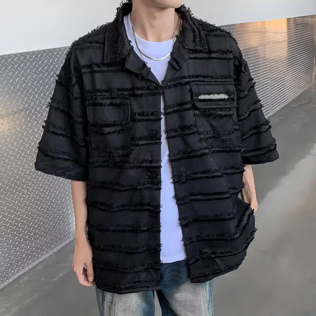 木木兔 复古美式高级感流苏痞帅宽松透气时尚简约轻便时尚潮流翻领短袖衬衫 男款