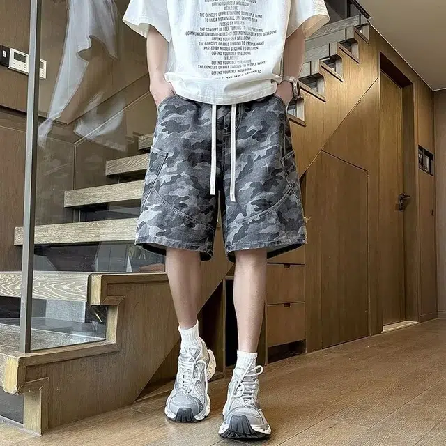 木木兔 潮流休闲透气时尚简约轻便学生设计感美式复古迷彩牛仔短裤 男款