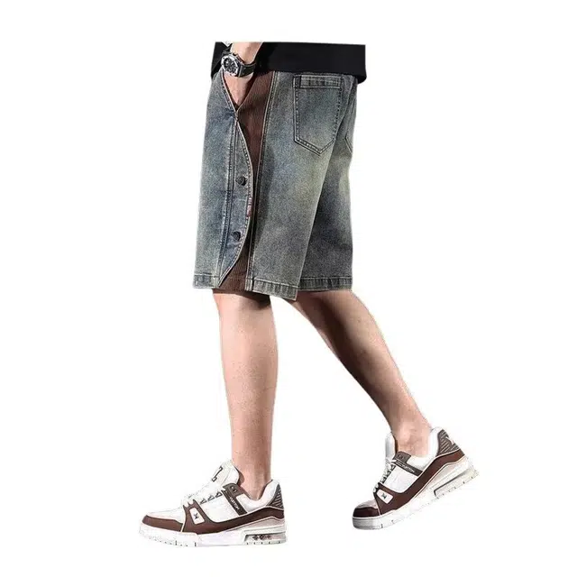 木木兔 美式水洗做旧潮牌休闲时尚小众设计感百搭宽松直筒五分裤牛仔短裤 男款