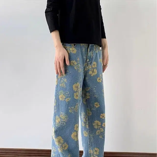 木木兔 重工印花图案高街高级感显瘦显高宽松阔腿裤高腰垂感拖地裤休闲运动牛仔裤 男款