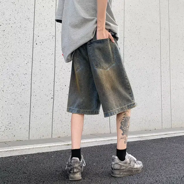 木木兔 美式高街复古潮牌休闲时尚百搭设计感小众宽松五分裤牛仔短裤 男款