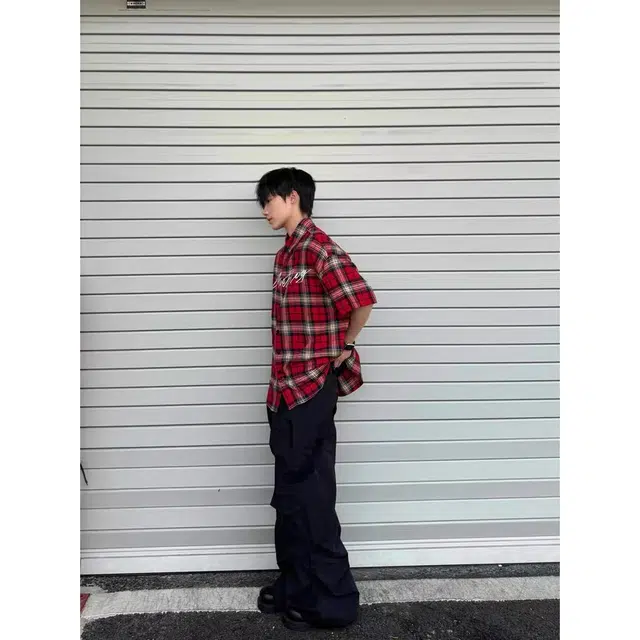 木木兔 复古美式透气时尚简约学生潮流格子短袖衬衫 男款