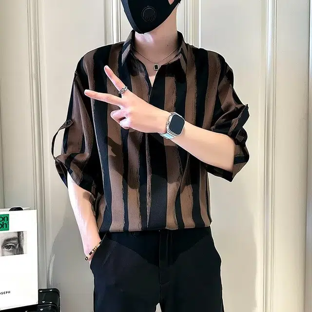 木木兔 百搭简约经典基础款条纹短袖衬衫 男款