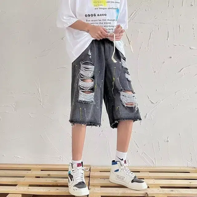 木木兔 美式高街破洞水洗做旧潮牌小众透气休闲时尚百搭宽松直筒五分裤牛仔短裤 男款