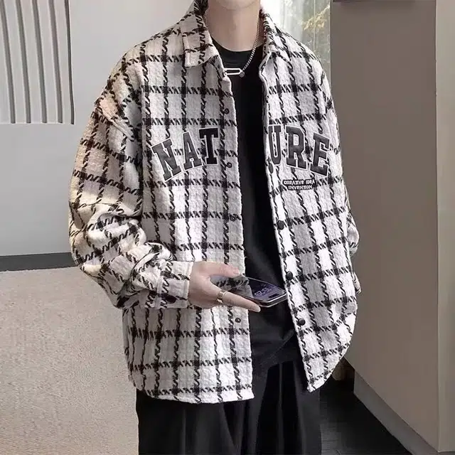 木木兔  复古美式透气格子翻领痞帅宽松时尚简约轻便时尚潮流棒球服 男款
