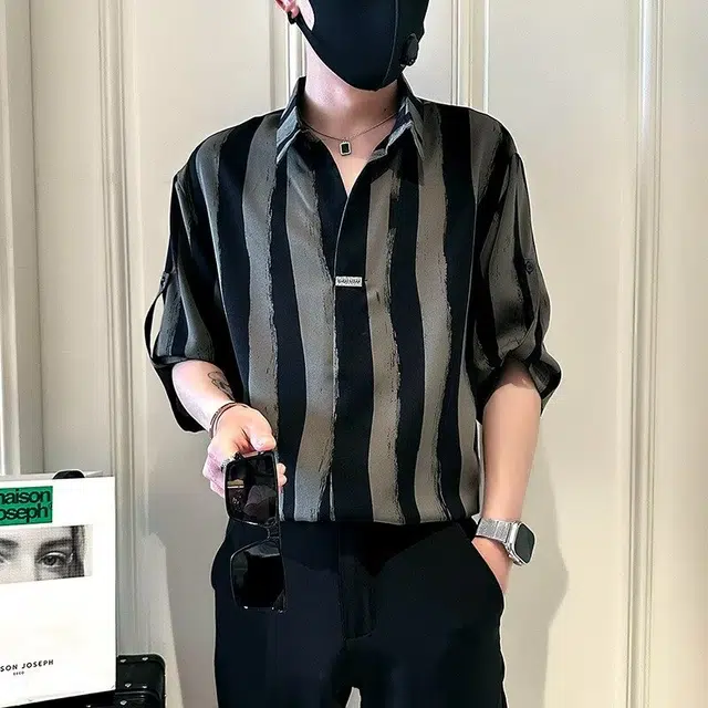 木木兔 百搭简约经典基础款条纹短袖衬衫 男款
