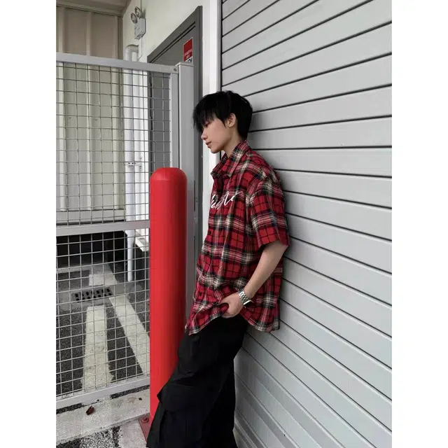 木木兔 复古美式透气时尚简约学生潮流格子短袖衬衫 男款