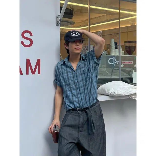 木木兔 百搭褶皱格子休闲透气时尚简约轻便轻便简约短袖衬衫 男款