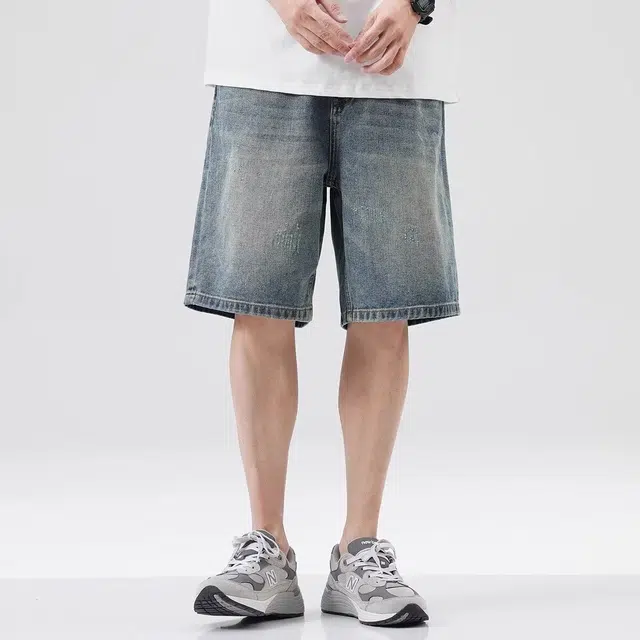 木木兔 美式水洗做旧休闲潮牌百搭时尚小众设计感直筒五分裤牛仔短裤 男款