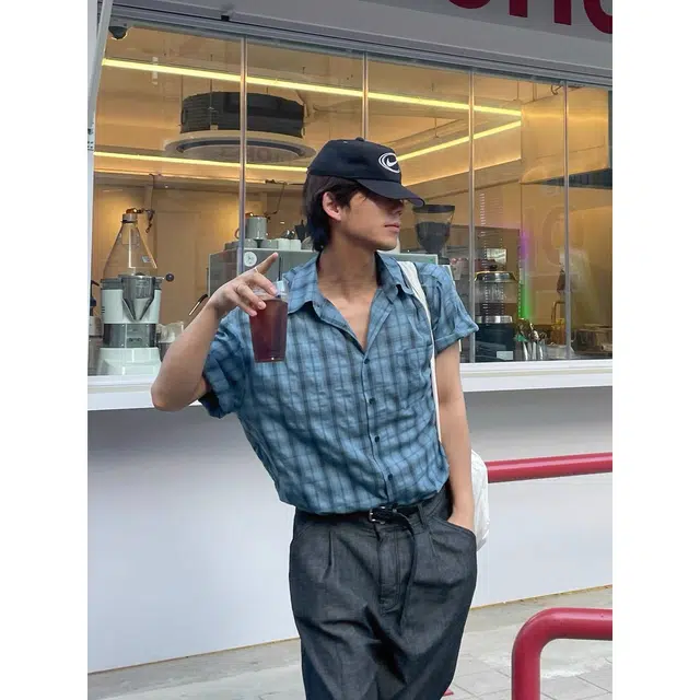 木木兔 百搭褶皱格子休闲透气时尚简约轻便轻便简约短袖衬衫 男款