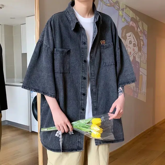 木木兔 百搭港风日系牛仔休闲透气时尚简约轻便轻便简约痞帅短袖衬衫 男款