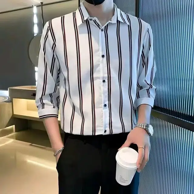 木木兔 百搭休闲透气时尚简约轻便轻便条纹短袖衬衫 男款