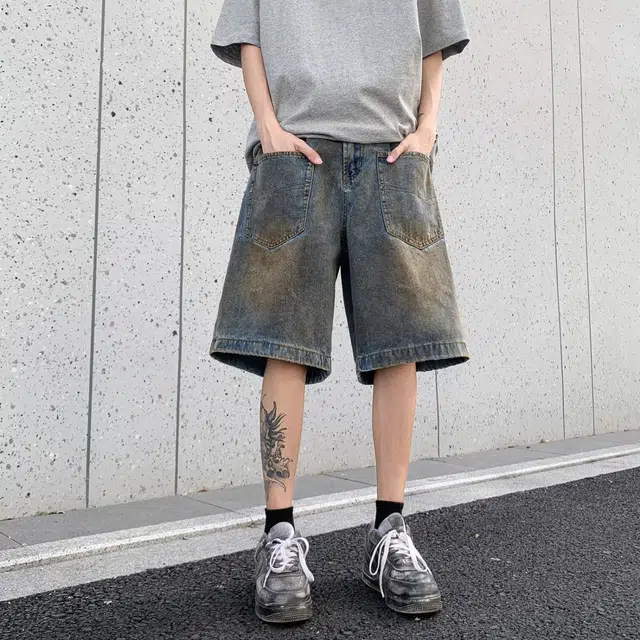 木木兔 美式高街复古潮牌休闲时尚百搭设计感小众宽松五分裤牛仔短裤 男款