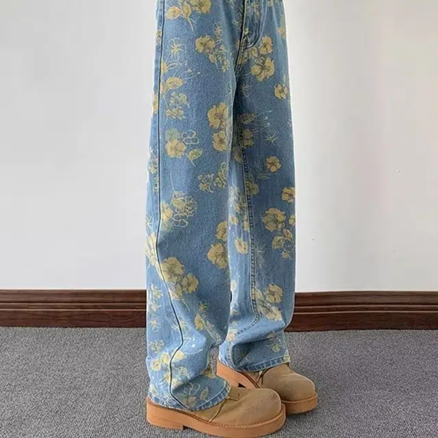 木木兔 重工印花图案高街高级感显瘦显高宽松阔腿裤高腰垂感拖地裤休闲运动牛仔裤 男款