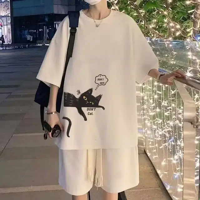 木木兔 舒适印花学生小猫宽松圆领上衣透气华夫格潮流时尚简约轻便裤子休闲运动套装 男款