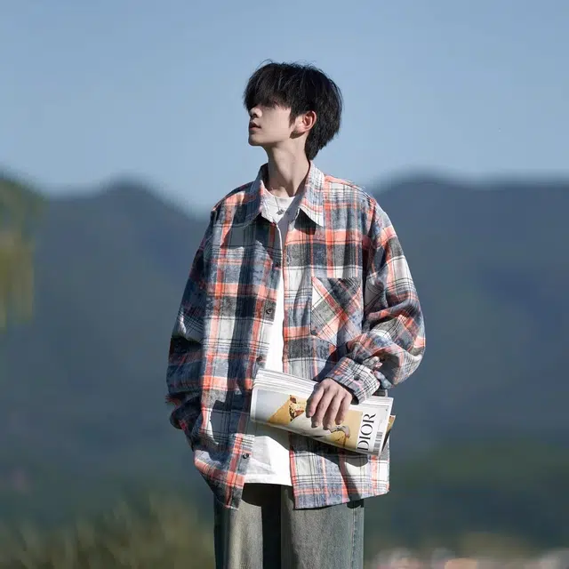 木木兔 复古美式透气时尚格子简约轻便长袖衬衫 男款