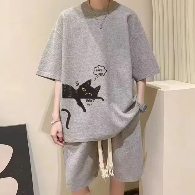 木木兔 舒适印花学生小猫宽松圆领上衣透气华夫格潮流时尚简约轻便裤子休闲运动套装 男款