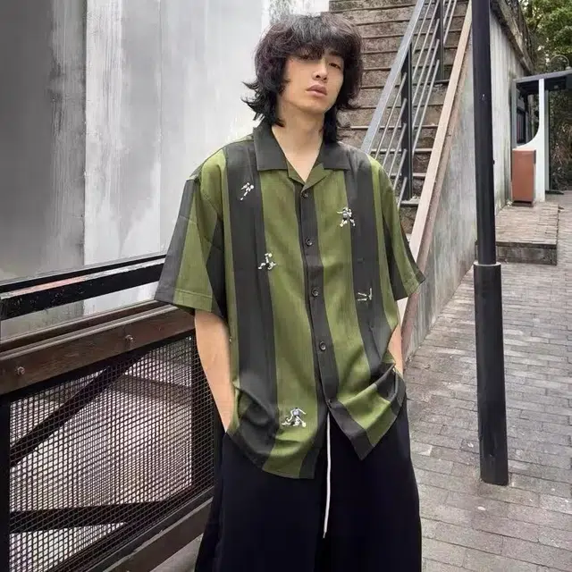 木木兔 复古美式时尚简约轻便透气桑巴个性刺绣凉感条纹短袖衬衫 男款
