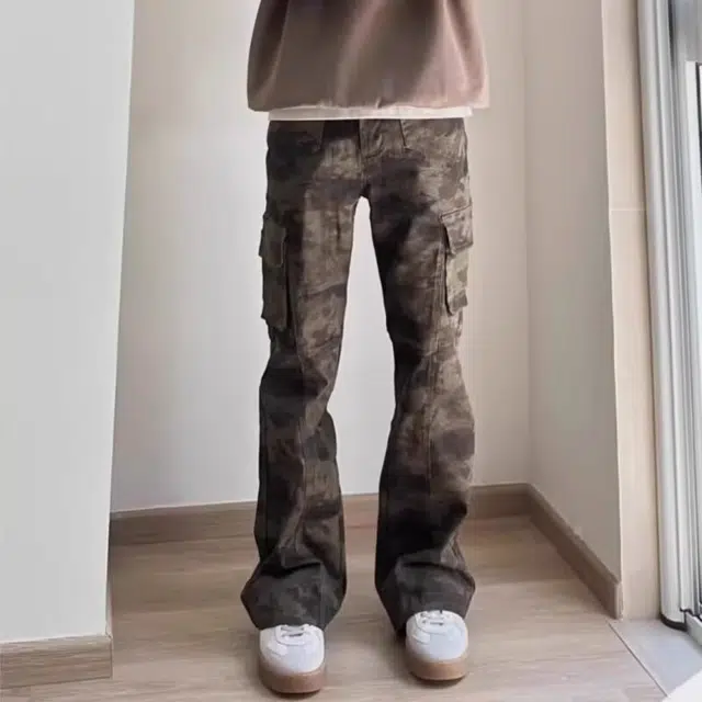木木兔 高街美式学生做旧迷彩直筒裤潮牌街头百搭微喇长裤高级感显瘦显高牛仔裤 男款