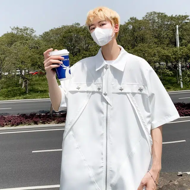 木木兔 时尚美式复古雅痞简约韩版小众设计潮流短袖衬衫 男款