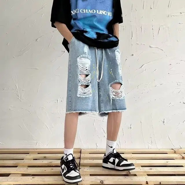 木木兔 美式高街破洞水洗做旧潮牌小众透气休闲时尚百搭宽松直筒五分裤牛仔短裤 男款