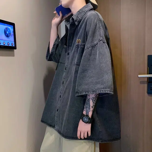 木木兔 百搭港风日系牛仔休闲透气时尚简约轻便轻便简约痞帅短袖衬衫 男款