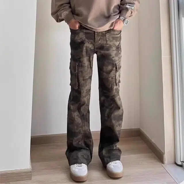 木木兔 高街美式学生做旧迷彩直筒裤潮牌街头百搭微喇长裤高级感显瘦显高牛仔裤 男款