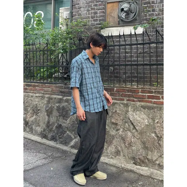 木木兔 百搭褶皱格子休闲透气时尚简约轻便轻便简约短袖衬衫 男款
