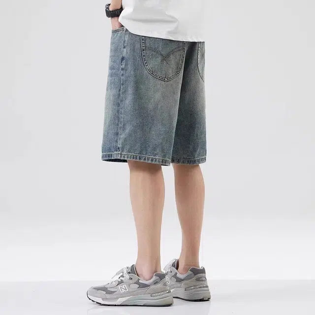 木木兔 美式水洗做旧休闲潮牌百搭时尚小众设计感直筒五分裤牛仔短裤 男款