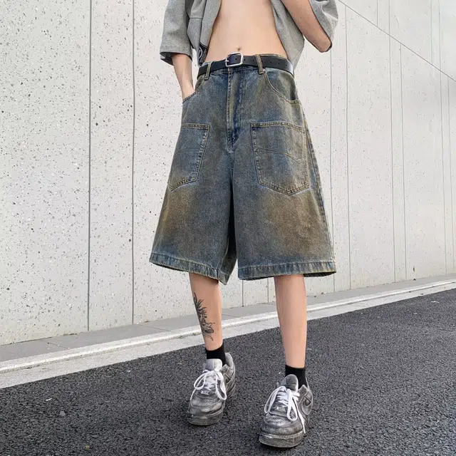 木木兔 美式高街复古潮牌休闲时尚百搭设计感小众宽松五分裤牛仔短裤 男款