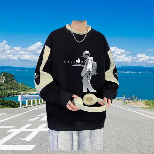 木木兔 秋季休闲落肩袖常规简约轻便小众设计运动宽松圆领长袖印花青少年青春流行卫衣 男款