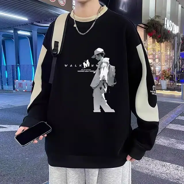 木木兔 秋季休闲落肩袖常规简约轻便小众设计运动宽松圆领长袖印花青少年青春流行卫衣 男款