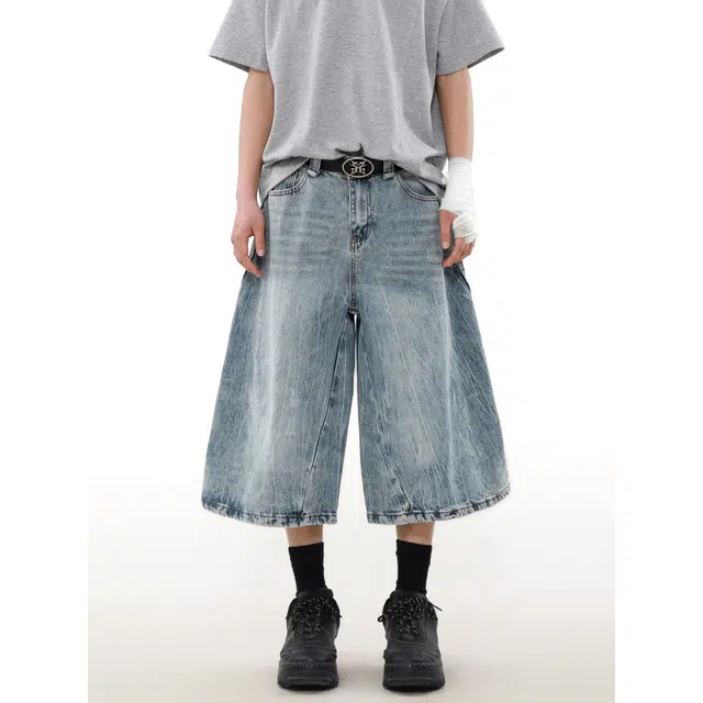 木木兔 美式复古水洗磨破潮流休闲宽松百搭七分牛仔短裤 男款