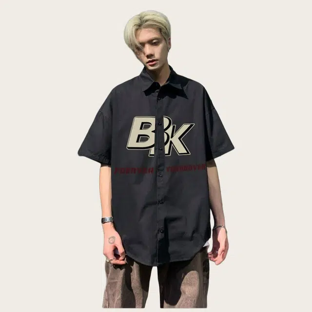 木木兔 百搭简约时尚个性舒适字母短袖衬衫 男款
