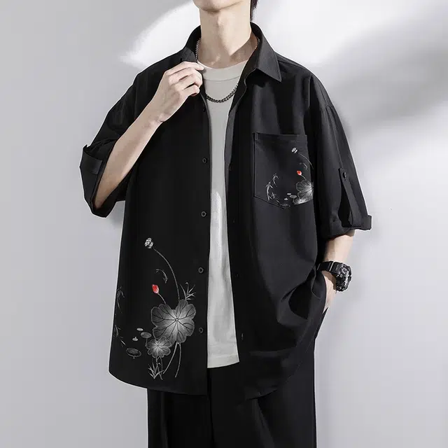 木木兔 百搭休闲透气时尚简约轻便简约国风新中式短袖衬衫 男款