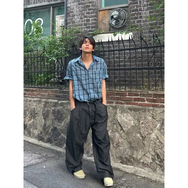 木木兔 百搭褶皱格子休闲透气时尚简约轻便轻便简约短袖衬衫 男款