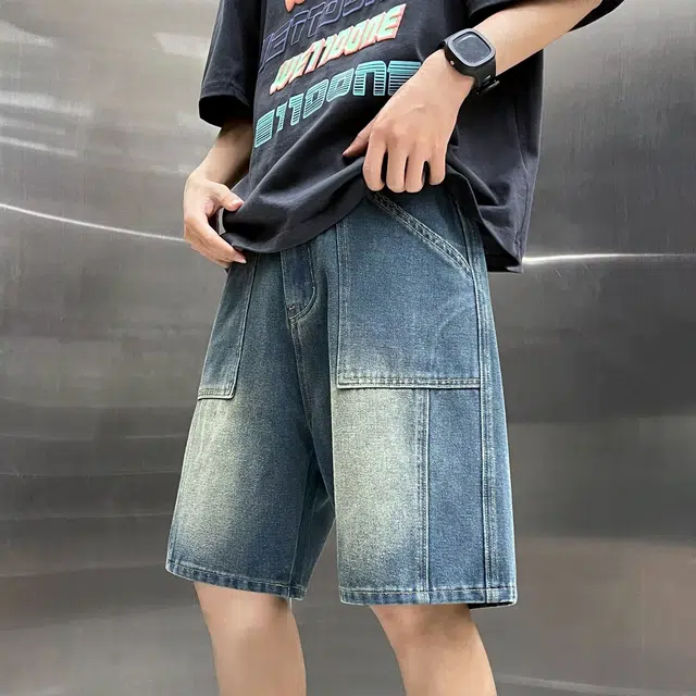 木木兔 美式复古水洗做旧高街潮牌设计感休闲小众时尚百搭宽松五分裤牛仔短裤 男款