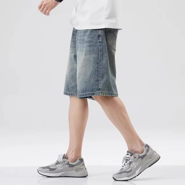 木木兔 美式水洗做旧休闲潮牌百搭时尚小众设计感直筒五分裤牛仔短裤 男款